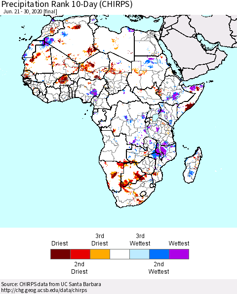 Africa Precipitation Rank since 1981, 10-Day (CHIRPS) Thematic Map For 6/21/2020 - 6/30/2020