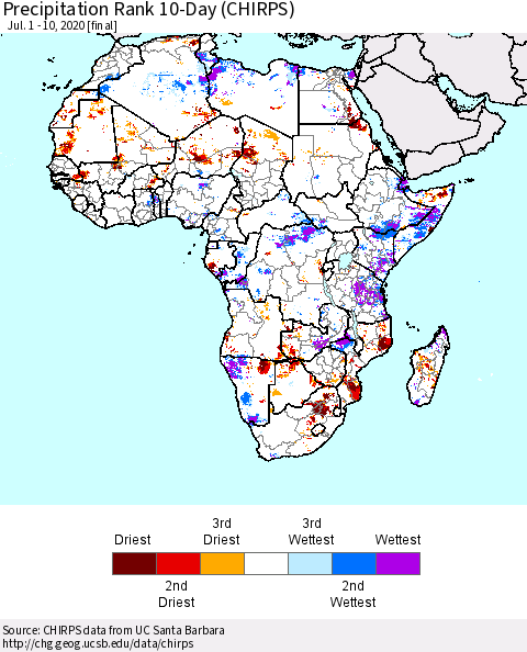 Africa Precipitation Rank since 1981, 10-Day (CHIRPS) Thematic Map For 7/1/2020 - 7/10/2020