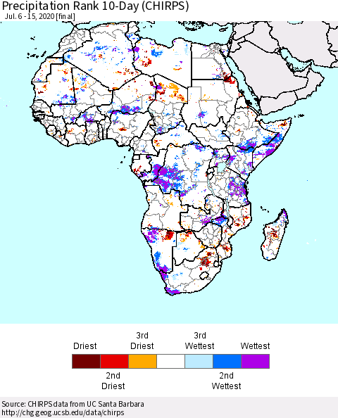 Africa Precipitation Rank 10-Day (CHIRPS) Thematic Map For 7/6/2020 - 7/15/2020