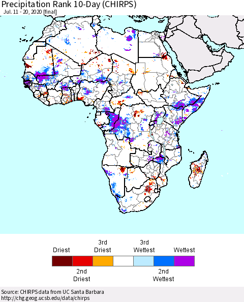 Africa Precipitation Rank 10-Day (CHIRPS) Thematic Map For 7/11/2020 - 7/20/2020