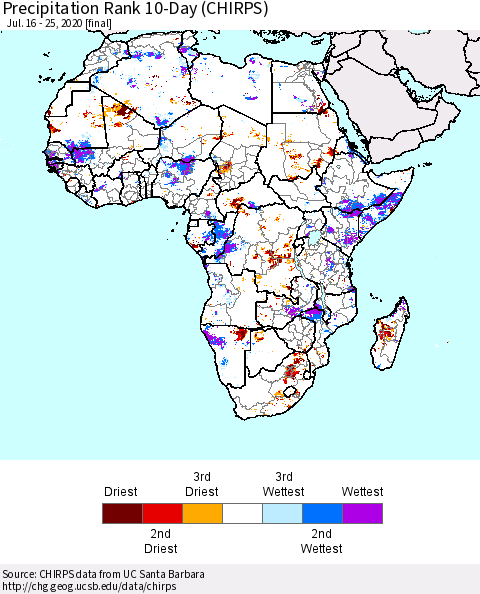 Africa Precipitation Rank since 1981, 10-Day (CHIRPS) Thematic Map For 7/16/2020 - 7/25/2020
