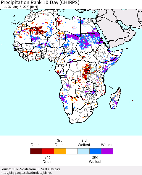 Africa Precipitation Rank 10-Day (CHIRPS) Thematic Map For 7/26/2020 - 8/5/2020