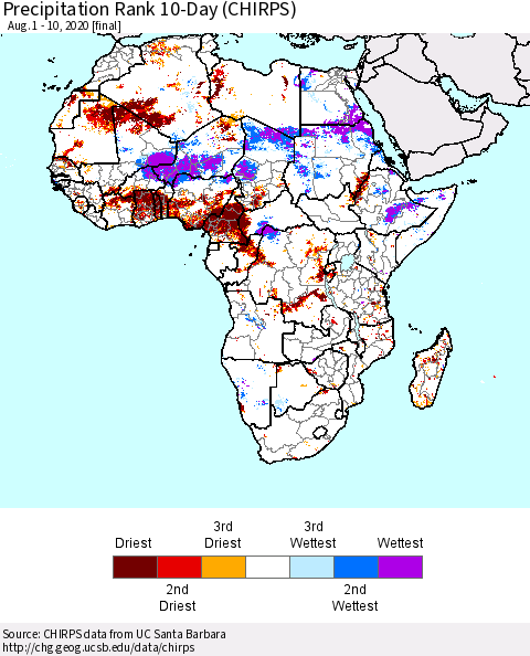 Africa Precipitation Rank since 1981, 10-Day (CHIRPS) Thematic Map For 8/1/2020 - 8/10/2020
