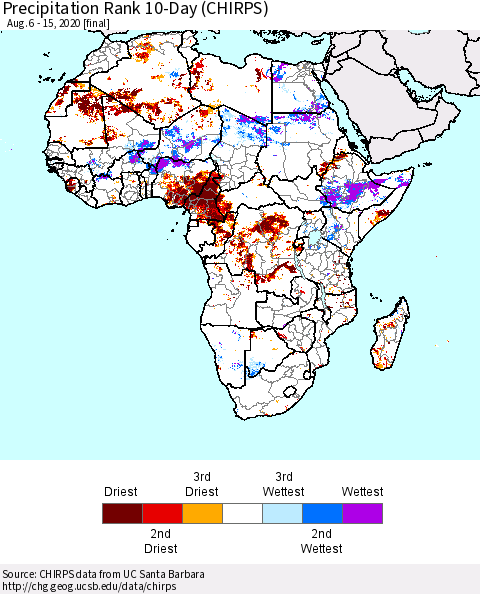 Africa Precipitation Rank 10-Day (CHIRPS) Thematic Map For 8/6/2020 - 8/15/2020