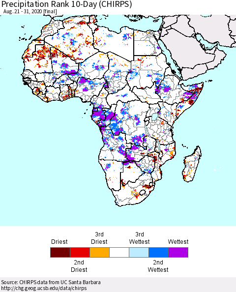 Africa Precipitation Rank since 1981, 10-Day (CHIRPS) Thematic Map For 8/21/2020 - 8/31/2020