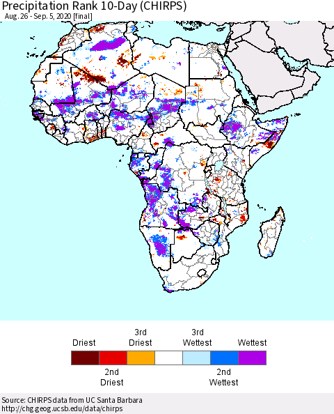 Africa Precipitation Rank 10-Day (CHIRPS) Thematic Map For 8/26/2020 - 9/5/2020