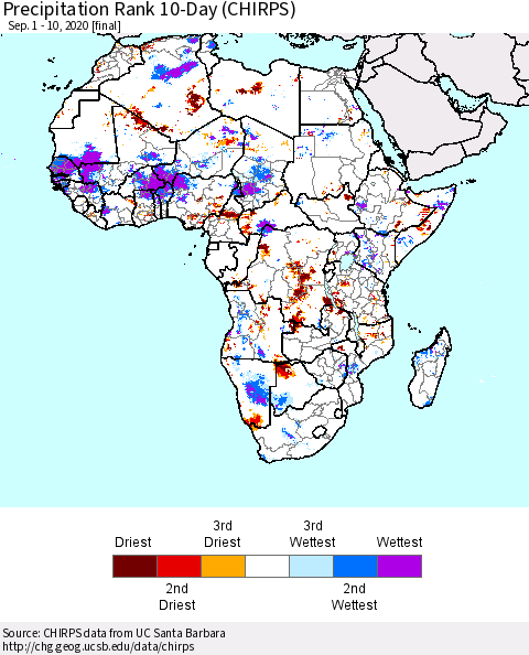 Africa Precipitation Rank 10-Day (CHIRPS) Thematic Map For 9/1/2020 - 9/10/2020