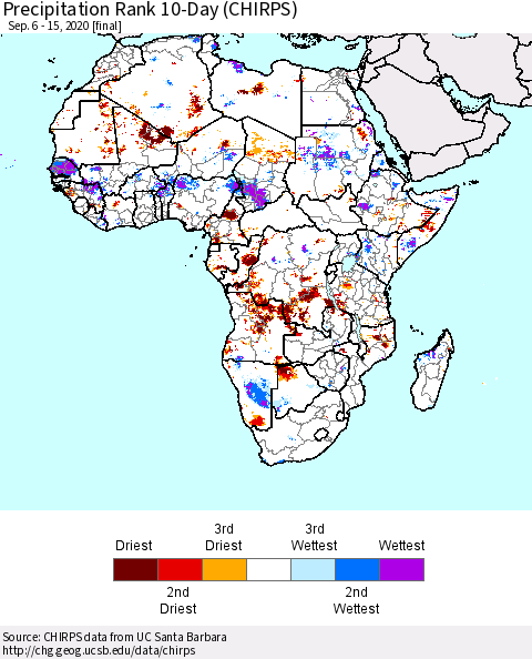 Africa Precipitation Rank since 1981, 10-Day (CHIRPS) Thematic Map For 9/6/2020 - 9/15/2020