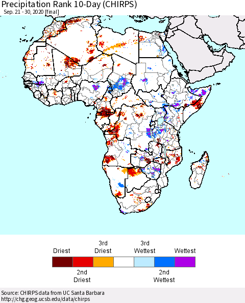 Africa Precipitation Rank 10-Day (CHIRPS) Thematic Map For 9/21/2020 - 9/30/2020