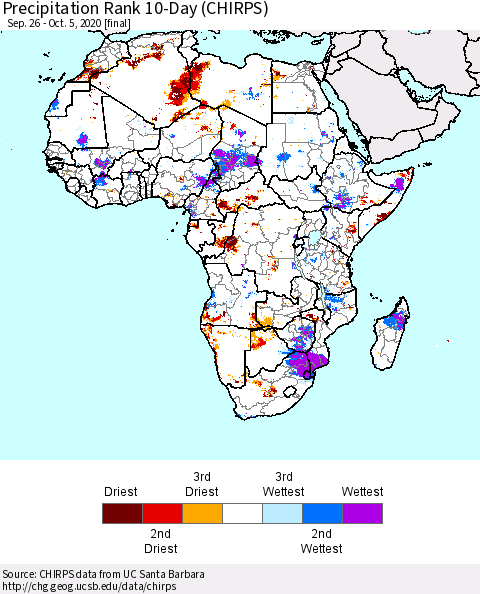 Africa Precipitation Rank 10-Day (CHIRPS) Thematic Map For 9/26/2020 - 10/5/2020