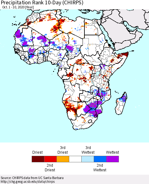 Africa Precipitation Rank 10-Day (CHIRPS) Thematic Map For 10/1/2020 - 10/10/2020