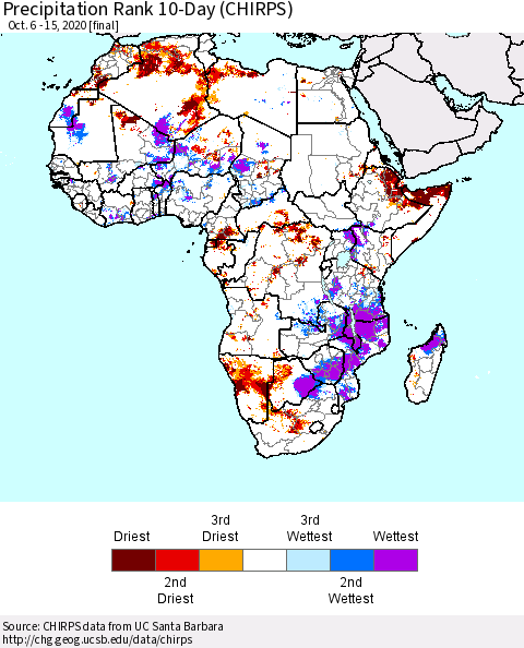 Africa Precipitation Rank 10-Day (CHIRPS) Thematic Map For 10/6/2020 - 10/15/2020