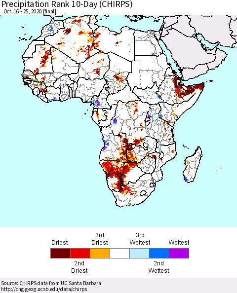 Africa Precipitation Rank 10-Day (CHIRPS) Thematic Map For 10/16/2020 - 10/25/2020
