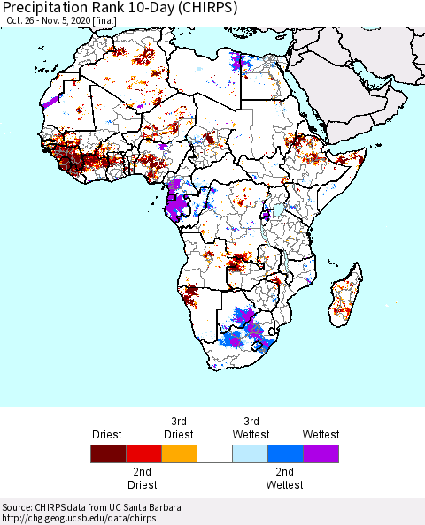 Africa Precipitation Rank 10-Day (CHIRPS) Thematic Map For 10/26/2020 - 11/5/2020