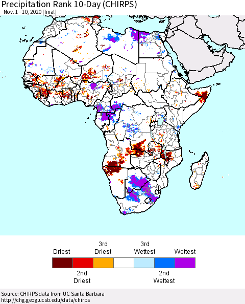 Africa Precipitation Rank 10-Day (CHIRPS) Thematic Map For 11/1/2020 - 11/10/2020
