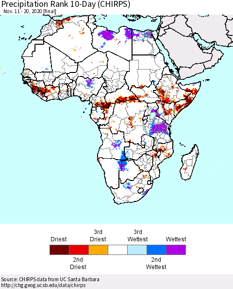 Africa Precipitation Rank 10-Day (CHIRPS) Thematic Map For 11/11/2020 - 11/20/2020