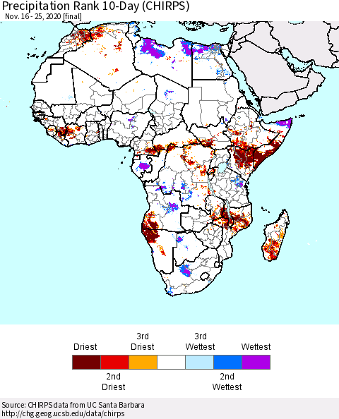Africa Precipitation Rank 10-Day (CHIRPS) Thematic Map For 11/16/2020 - 11/25/2020