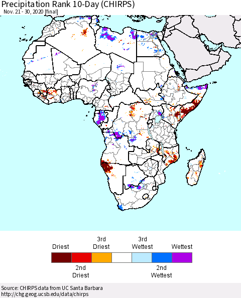Africa Precipitation Rank 10-Day (CHIRPS) Thematic Map For 11/21/2020 - 11/30/2020
