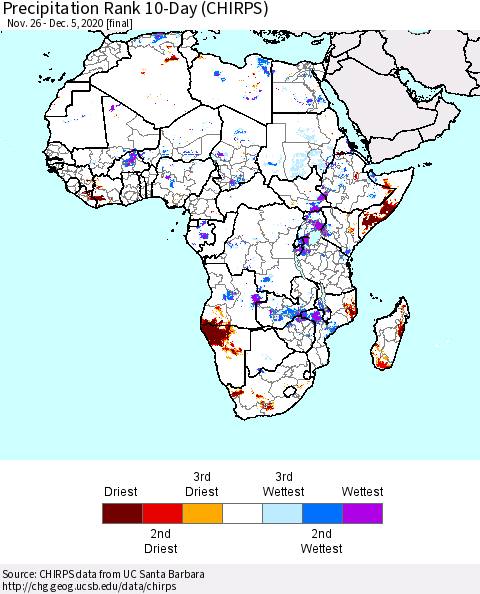 Africa Precipitation Rank 10-Day (CHIRPS) Thematic Map For 11/26/2020 - 12/5/2020