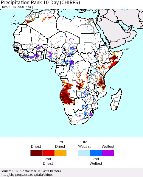 Africa Precipitation Rank 10-Day (CHIRPS) Thematic Map For 12/6/2020 - 12/15/2020