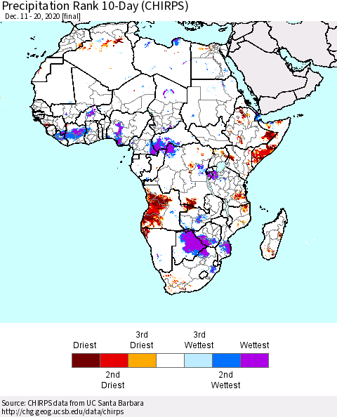 Africa Precipitation Rank 10-Day (CHIRPS) Thematic Map For 12/11/2020 - 12/20/2020