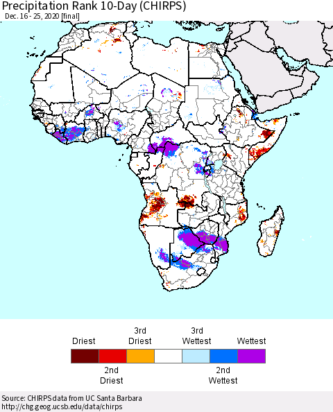 Africa Precipitation Rank 10-Day (CHIRPS) Thematic Map For 12/16/2020 - 12/25/2020