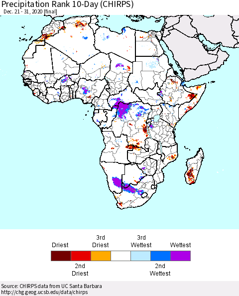 Africa Precipitation Rank 10-Day (CHIRPS) Thematic Map For 12/21/2020 - 12/31/2020