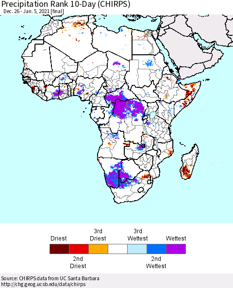 Africa Precipitation Rank since 1981, 10-Day (CHIRPS) Thematic Map For 12/26/2020 - 1/5/2021