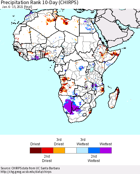 Africa Precipitation Rank 10-Day (CHIRPS) Thematic Map For 1/6/2021 - 1/15/2021