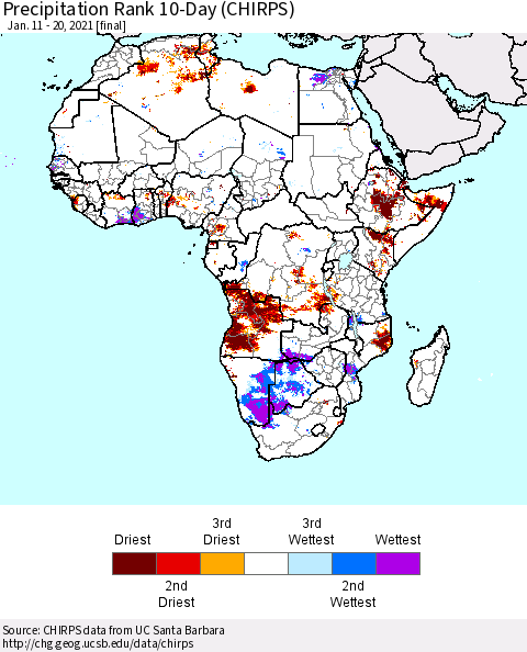 Africa Precipitation Rank since 1981, 10-Day (CHIRPS) Thematic Map For 1/11/2021 - 1/20/2021