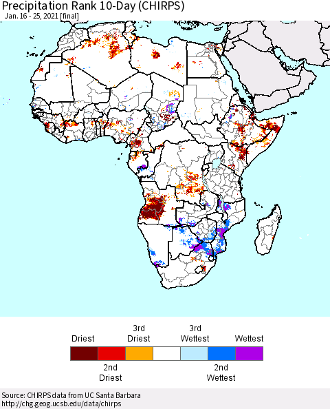Africa Precipitation Rank 10-Day (CHIRPS) Thematic Map For 1/16/2021 - 1/25/2021