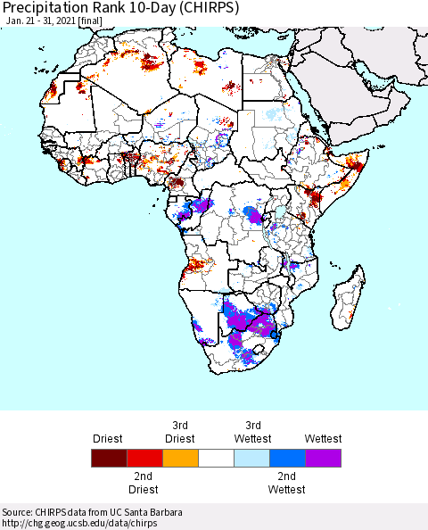 Africa Precipitation Rank 10-Day (CHIRPS) Thematic Map For 1/21/2021 - 1/31/2021
