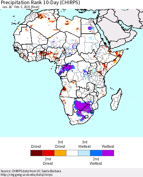 Africa Precipitation Rank 10-Day (CHIRPS) Thematic Map For 1/26/2021 - 2/5/2021