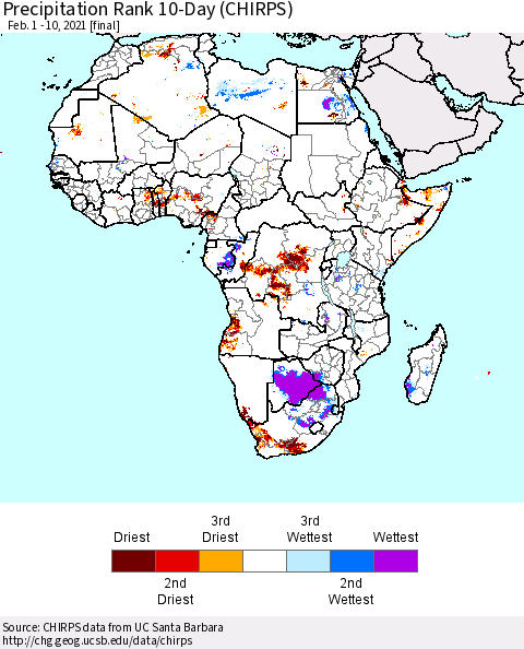 Africa Precipitation Rank 10-Day (CHIRPS) Thematic Map For 2/1/2021 - 2/10/2021