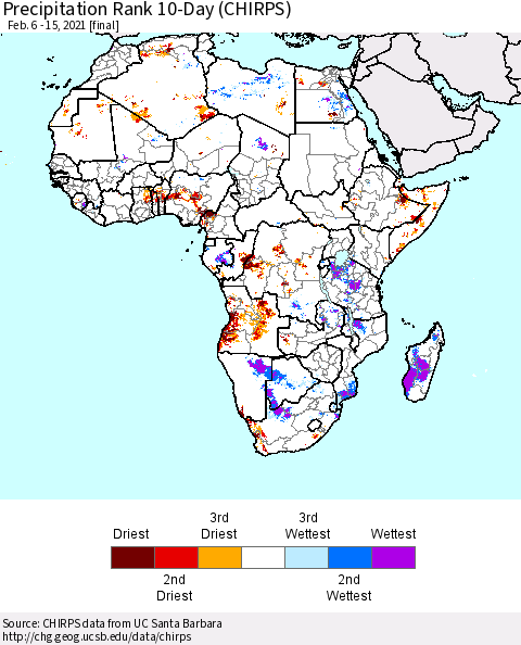 Africa Precipitation Rank since 1981, 10-Day (CHIRPS) Thematic Map For 2/6/2021 - 2/15/2021