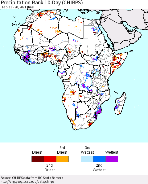 Africa Precipitation Rank since 1981, 10-Day (CHIRPS) Thematic Map For 2/11/2021 - 2/20/2021