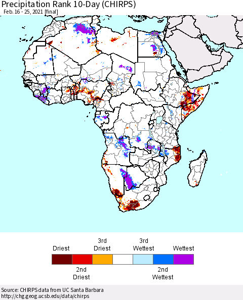 Africa Precipitation Rank 10-Day (CHIRPS) Thematic Map For 2/16/2021 - 2/25/2021