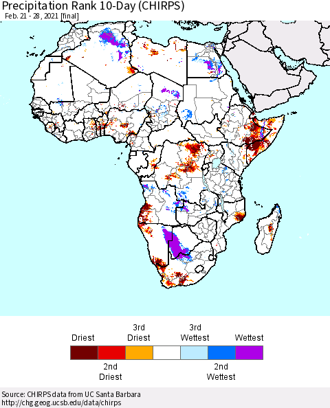 Africa Precipitation Rank 10-Day (CHIRPS) Thematic Map For 2/21/2021 - 2/28/2021
