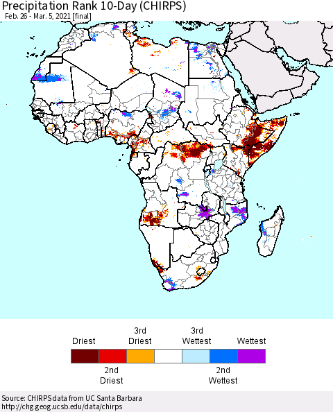 Africa Precipitation Rank 10-Day (CHIRPS) Thematic Map For 2/26/2021 - 3/5/2021