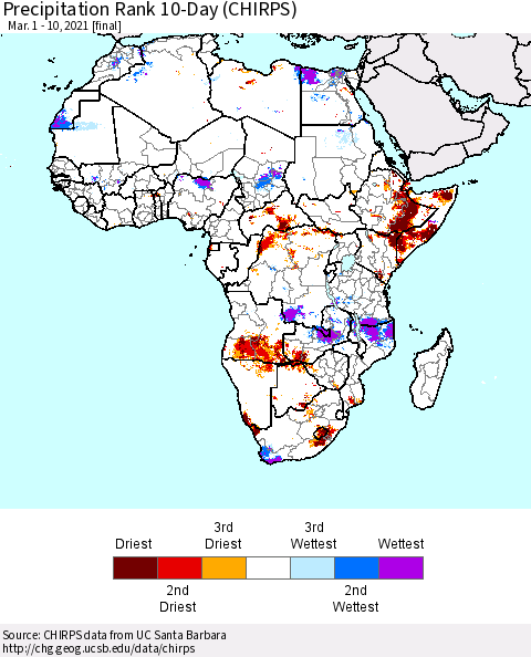Africa Precipitation Rank 10-Day (CHIRPS) Thematic Map For 3/1/2021 - 3/10/2021