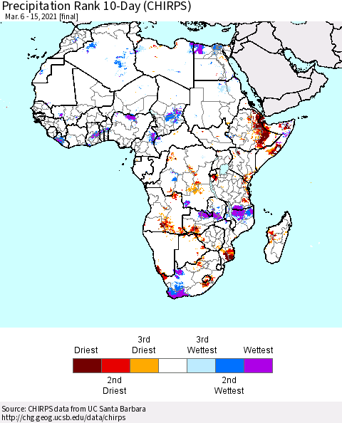 Africa Precipitation Rank 10-Day (CHIRPS) Thematic Map For 3/6/2021 - 3/15/2021
