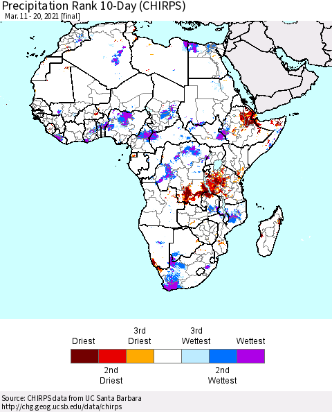Africa Precipitation Rank 10-Day (CHIRPS) Thematic Map For 3/11/2021 - 3/20/2021