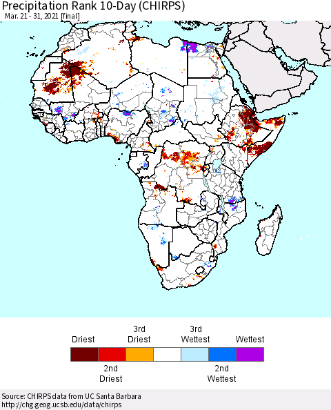 Africa Precipitation Rank 10-Day (CHIRPS) Thematic Map For 3/21/2021 - 3/31/2021