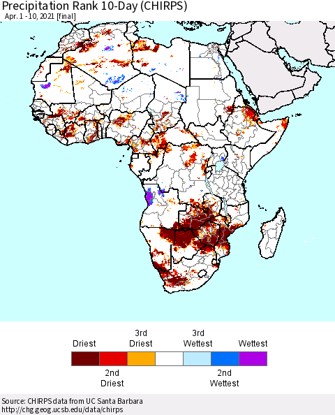 Africa Precipitation Rank 10-Day (CHIRPS) Thematic Map For 4/1/2021 - 4/10/2021