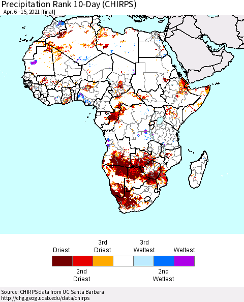 Africa Precipitation Rank 10-Day (CHIRPS) Thematic Map For 4/6/2021 - 4/15/2021