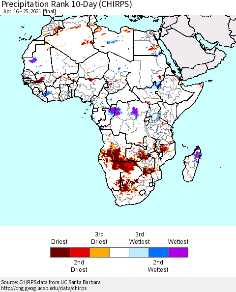 Africa Precipitation Rank 10-Day (CHIRPS) Thematic Map For 4/16/2021 - 4/25/2021