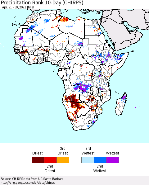 Africa Precipitation Rank since 1981, 10-Day (CHIRPS) Thematic Map For 4/21/2021 - 4/30/2021
