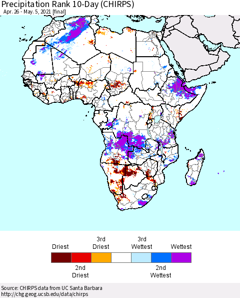 Africa Precipitation Rank since 1981, 10-Day (CHIRPS) Thematic Map For 4/26/2021 - 5/5/2021