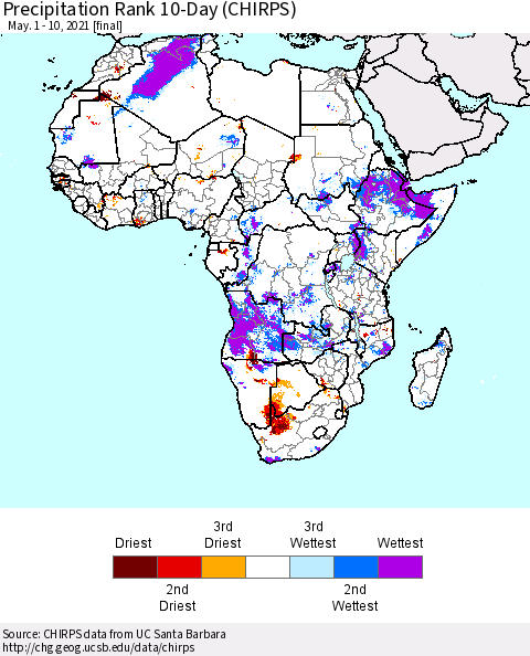 Africa Precipitation Rank since 1981, 10-Day (CHIRPS) Thematic Map For 5/1/2021 - 5/10/2021