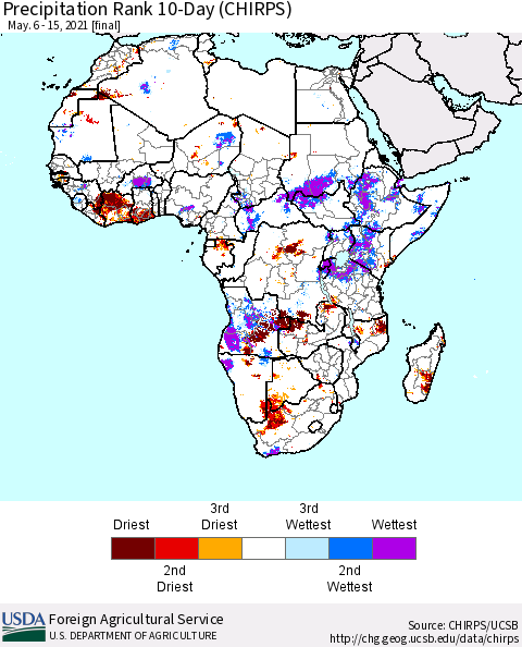 Africa Precipitation Rank since 1981, 10-Day (CHIRPS) Thematic Map For 5/6/2021 - 5/15/2021